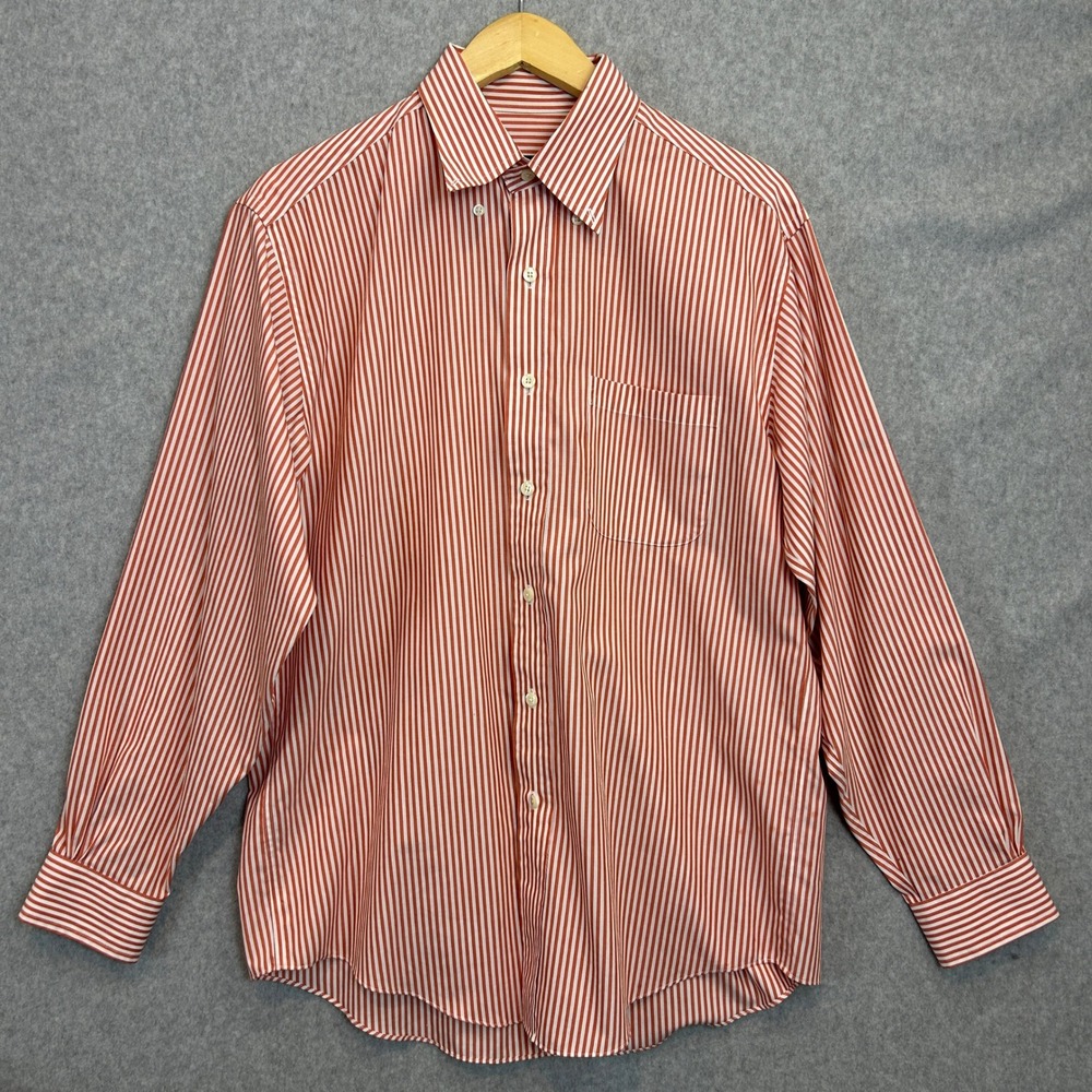 Brooks Brothers Button Down Shirt Orange White Stripe Non-Iron Prep Mens Medium